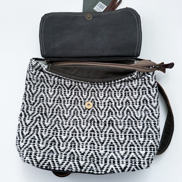 Myra Leefis White Black Canvas Brown Leather Backpack